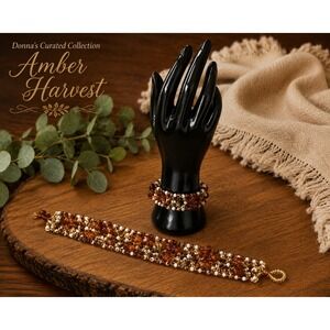 Amber Harvest Wide Beaded Bracelet Brown Gold Cream Multi Strand Statement Cuff